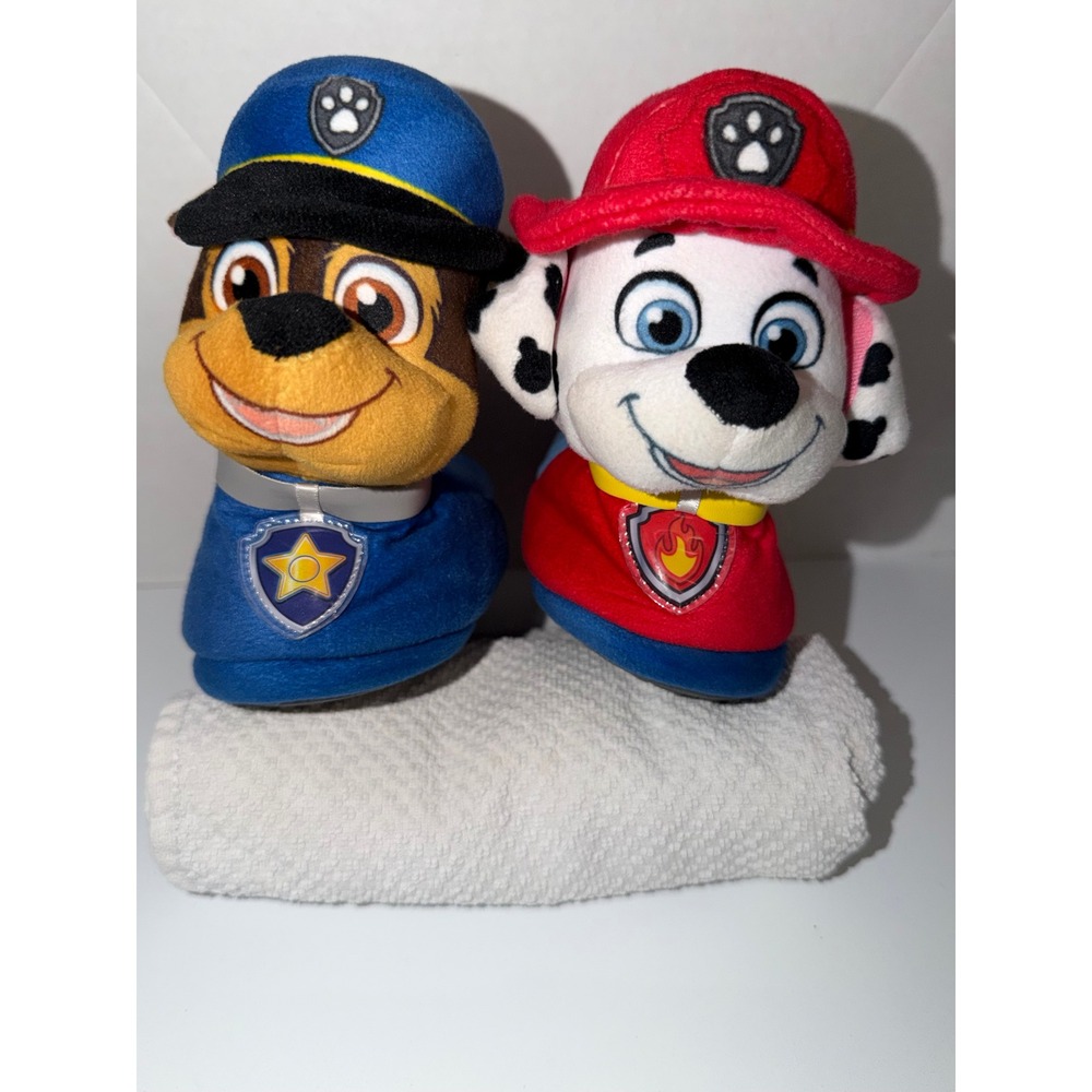 Paw Patrol Chase Marshall Kids Plush Slippers Blue Red Size 5-6 House Shoes